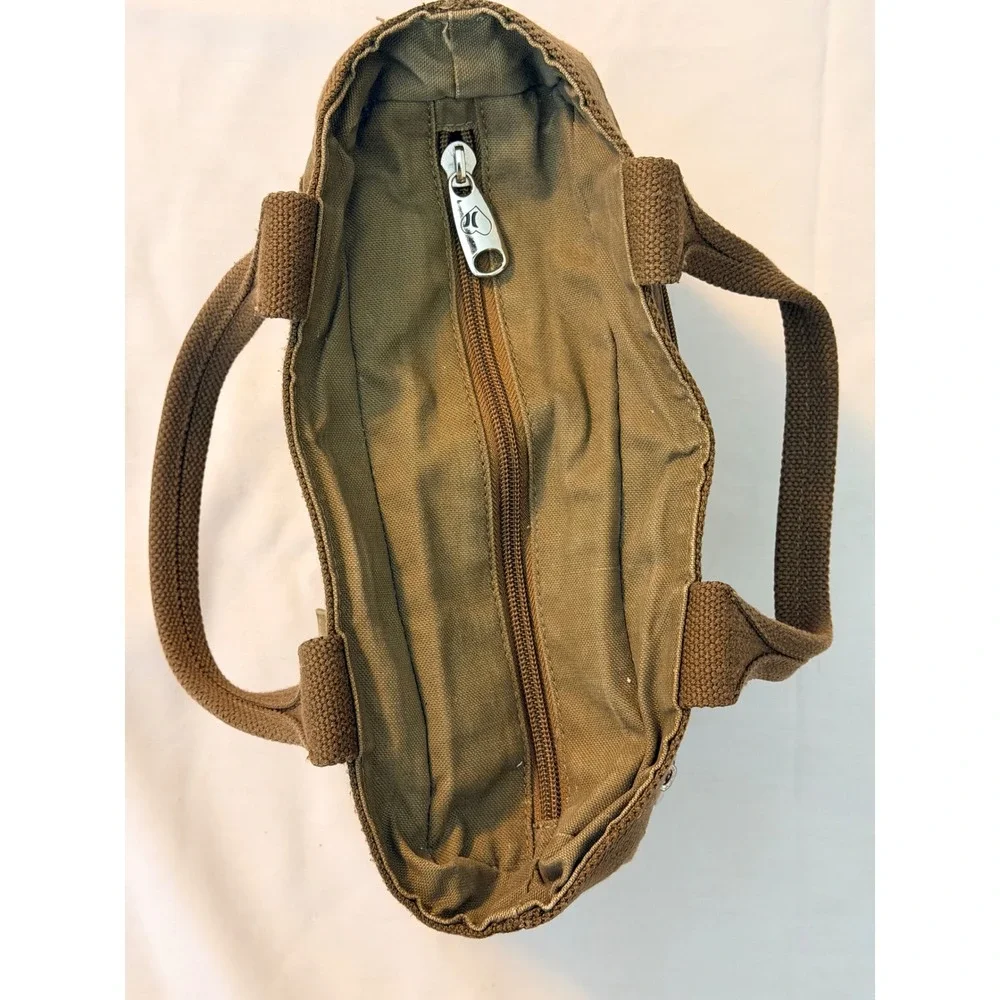 Hurley Canvas Tote Bag Olive Green Utility Multi Pocket Heart Print Lining